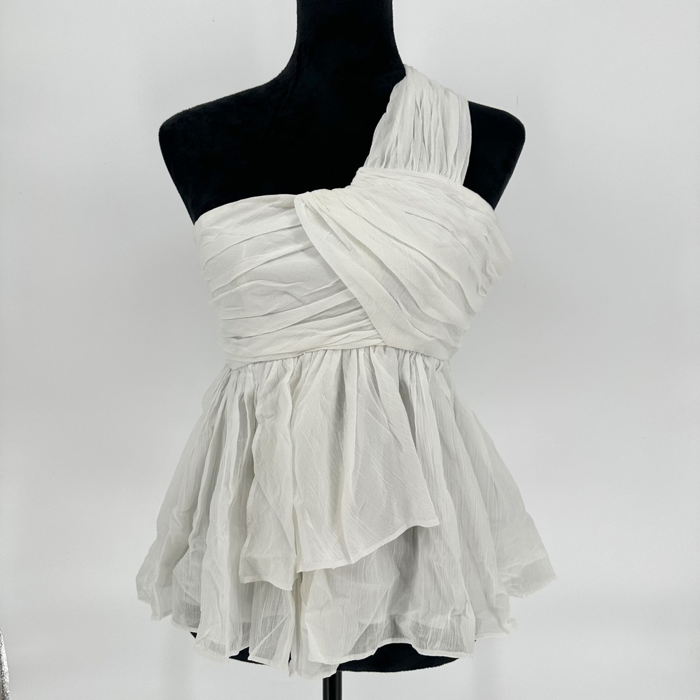 NWT Cinq a Sept Draven White One Shoulder Sleeveless Ruffle Pleaded Crop‎ Top S